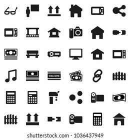 Flat vector icon set - welcome mat vector, microwave oven, blackboard, glasses, calculator, music, cash, money, top sign, film frame, monitor, link, share, home, bench, connection, water supply