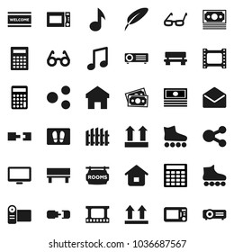 Flat vector icon set - welcome mat vector, microwave oven, pen, glasses, calculator, music, cash, roller Skates, money, top sign, film frame, monitor, mail, share, home, bench, connection, fence