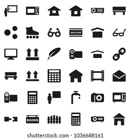 Flat vector icon set - welcome mat vector, microwave oven, pen, blackboard, glasses, calculator, roller Skates, dry cargo, top sign, film frame, monitor, link, mail, share, home, bench, connection