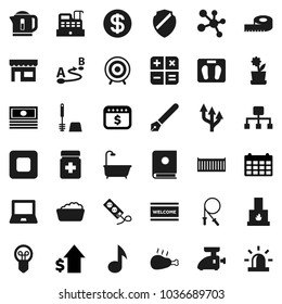 Flat vector icon set - welcome mat vector, toilet brush, foam basin, chicken leg, pen, notebook pc, music, cash, dollar growth, calendar, measuring, scales, jump rope, target, molecule, route, arrow