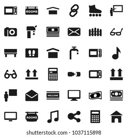 Flat vector icon set - welcome mat vector, microwave oven, blackboard, glasses, calculator, music, cash, roller Skates, money, dry cargo, top sign, monitor, link, mail, share, bench, connection