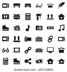 Flat vector icon set - welcome mat vector, microwave oven, pen, glasses, calculator, music, cash, roller Skates, money, dry cargo, top sign, film frame, monitor, link, share, bench, water supply