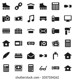 Flat vector icon set - welcome mat vector, pen, glasses, calculator, music, cash, roller Skates, money, dry cargo, monitor, link, mail, bench, connection, water supply, fence, rooms signboard, home