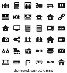 Flat vector icon set - welcome mat vector, microwave oven, glasses, calculator, cash, roller Skates, money, top sign, film frame, monitor, link, mail, share, home, bench, connection, water supply