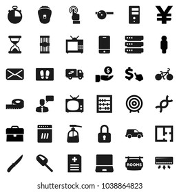 Flat vector icon set - welcome mat vector, liquid soap, knife, pasta, abacus, case, investment, target, man, dollar cursor, yen sign, measuring, stopwatch, bike, car, mobile phone, touchscreen, mail