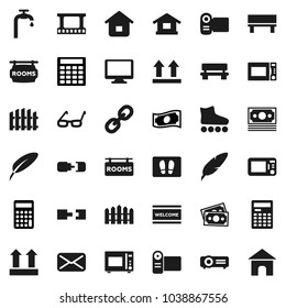 Flat vector icon set - welcome mat vector, microwave oven, pen, glasses, calculator, cash, roller Skates, money, top sign, film frame, monitor, link, mail, bench, connection, water supply, fence