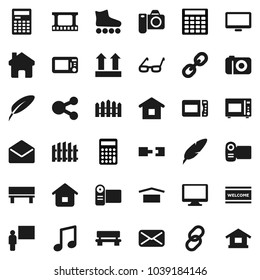 Flat vector icon set - welcome mat vector, microwave oven, pen, blackboard, glasses, calculator, music, roller Skates, dry cargo, top sign, film frame, monitor, link, mail, share, home, bench, fence