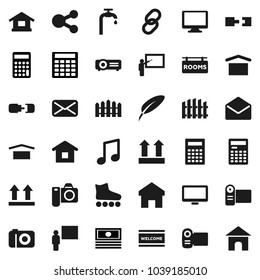 Flat vector icon set - welcome mat vector, pen, blackboard, calculator, music, cash, roller Skates, dry cargo, top sign, monitor, link, mail, share, home, connection, water supply, fence, camera