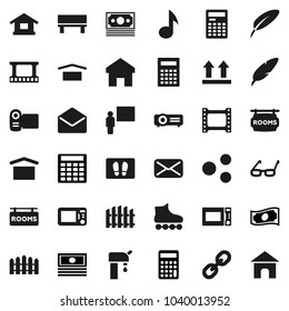 Flat vector icon set - welcome mat vector, microwave oven, pen, blackboard, glasses, calculator, music, cash, roller Skates, money, dry cargo, top sign, film frame, link, mail, share, home, bench