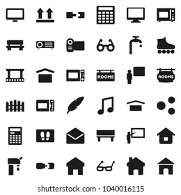 Flat vector icon set - welcome mat vector, microwave oven, pen, blackboard, glasses, calculator, music, roller Skates, dry cargo, top sign, film frame, monitor, mail, share, home, bench, connection