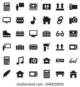Flat vector icon set - welcome mat vector, microwave oven, pen, blackboard, glasses, calculator, music, cash, roller Skates, money, top sign, monitor, link, home, bench, water supply, fence, camera