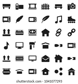 Flat vector icon set - welcome mat vector, microwave oven, pen, music, roller Skates, money, dry cargo, top sign, film frame, monitor, link, mail, share, home, bench, connection, water supply, fence