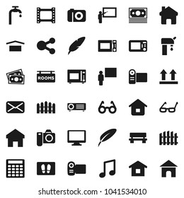 Flat vector icon set - welcome mat vector, microwave oven, pen, blackboard, glasses, music, calculator, money, dry cargo, top sign, film frame, monitor, mail, share, home, bench, water supply, fence