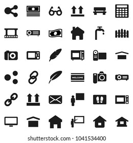 Flat vector icon set - welcome mat vector, microwave oven, pen, blackboard, glasses, cash, calculator, dry cargo, top sign, film frame, monitor, link, mail, share, home, bench, water supply, fence