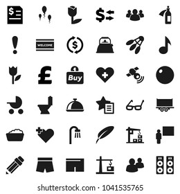 Flat vector icon set - welcome mat vector, toilet, foam basin, kettle, dish, pen, pencil, blackboard, glasses, music, exchange, annual report, pound, fitball, shorts, shuttlecock, attention, tulip