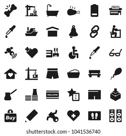 Flat vector icon set - welcome mat vector, foam basin, turk coffee, chicken leg, pencil, glasses, student, bell, shorts, satellite, ship, dry cargo, package, satellitie, link, battery, disabled, buy