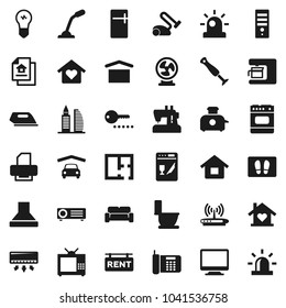 Flat vector icon set - welcome mat vector, toilet, dry cargo, house, garage, plan, estate document, rent signboard, office building, cushioned furniture, love home, tv, password, iron, dishwasher