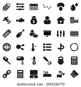 Flat vector icon set - welcome mat vector, ladle, thermometer, mushroom, calculator, world, constellation, money bag, presentation board, calendar, cereals, hoop, route, weight, barcode, satellitie