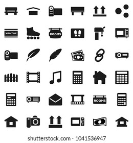Flat vector icon set - welcome mat vector, microwave oven, pen, calculator, music, cash, roller Skates, money, dry cargo, top sign, film frame, link, mail, share, home, bench, water supply, fence