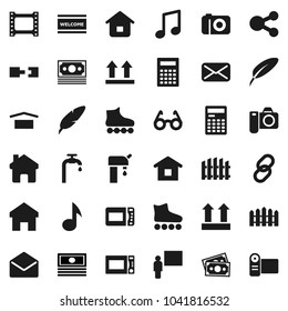 Flat vector icon set - welcome mat vector, microwave oven, pen, blackboard, glasses, calculator, music, cash, roller Skates, money, dry cargo, top sign, film frame, link, mail, share, home, fence