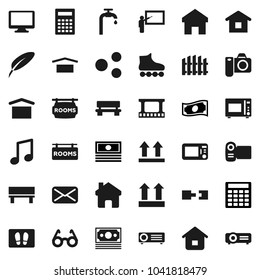 Flat vector icon set - welcome mat vector, microwave oven, pen, blackboard, glasses, calculator, music, cash, roller Skates, money, dry cargo, top sign, film frame, monitor, mail, share, home, bench