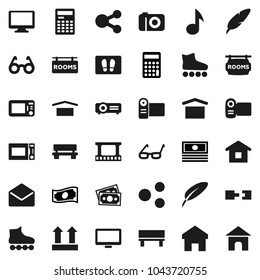 Flat vector icon set - welcome mat vector, microwave oven, pen, glasses, calculator, music, cash, roller Skates, money, dry cargo, top sign, film frame, monitor, mail, share, home, bench, connection