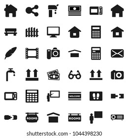 Flat vector icon set - welcome mat vector, pen, blackboard, glasses, calculator, cash, money, dry cargo, top sign, film frame, monitor, mail, share, home, bench, connection, water supply, fence