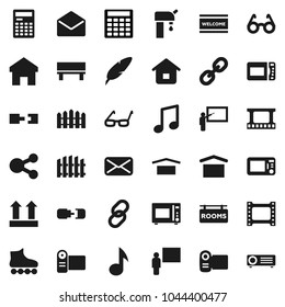 Flat vector icon set - welcome mat vector, microwave oven, pen, blackboard, glasses, calculator, music, roller Skates, dry cargo, top sign, film frame, link, mail, share, home, bench, connection