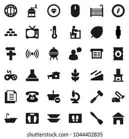 Flat vector icon set - welcome mat vector, bath, spatula, meat hammer, hand mill, thermometer, bbq, plates, student, compass, world, leaf, man, gold ingot, scales, stairways run, cereals, document