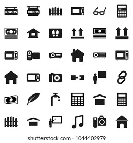 Flat vector icon set - welcome mat vector, microwave oven, pen, blackboard, glasses, calculator, music, cash, money, dry cargo, top sign, link, home, connection, water supply, fence, rooms signboard