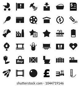 Flat vector icon set - welcome mat vector, toilet, foam basin, apron, exchange, annual report, pound, fitball, shorts, shuttlecock, pool, attention, truck trailer, wood box, dry cargo, tulip, spool