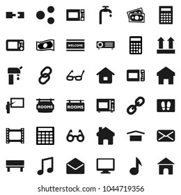 Flat vector icon set - welcome mat vector, microwave oven, blackboard, glasses, calculator, music, cash, money, dry cargo, top sign, film frame, monitor, link, mail, share, home, bench, connection