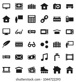 Flat vector icon set - welcome mat vector, microwave oven, pen, blackboard, glasses, music, cash, calculator, roller Skates, money, dry cargo, film frame, monitor, link, mail, share, home, bench