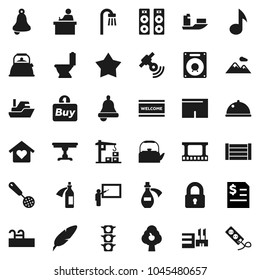 Flat vector icon set - welcome mat vector, toilet, kettle, skimmer, dish, pen, blackboard, student, bell, music, annual report, shorts, traffic light, ship, wood box, film frame, satellitie, potion