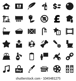 Flat vector icon set - welcome mat vector, toilet, foam basin, kettle, skimmer, pen, blackboard, music, exchange, pound, fitball, no fastfood, satellite, truck trailer, wood box, tulip, package, buy