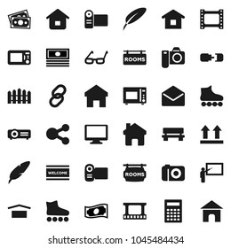 Flat vector icon set - welcome mat vector, microwave oven, pen, blackboard, glasses, calculator, cash, roller Skates, money, dry cargo, top sign, film frame, monitor, link, mail, share, home, bench