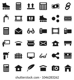 Flat vector icon set - welcome mat vector, pen, blackboard, glasses, calculator, cash, roller Skates, dry cargo, top sign, film frame, monitor, link, mail, share, bench, water supply, fence, home