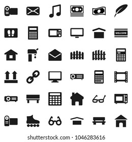 Flat vector icon set - welcome mat vector, microwave oven, pen, glasses, calculator, music, cash, roller Skates, money, dry cargo, top sign, film frame, monitor, link, mail, home, bench, fence