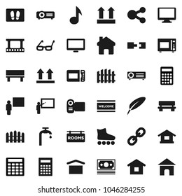 Flat vector icon set - welcome mat vector, microwave oven, pen, blackboard, glasses, calculator, music, roller Skates, money, dry cargo, top sign, film frame, monitor, link, share, home, bench