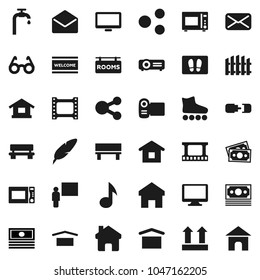 Flat vector icon set - welcome mat vector, microwave oven, pen, blackboard, glasses, music, cash, roller Skates, money, dry cargo, top sign, film frame, monitor, mail, share, home, bench, connection
