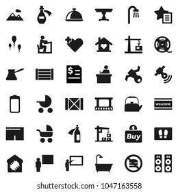 Flat vector icon set - welcome mat vector, kettle, turk coffee, dish, blackboard, student, annual report, shorts, no fastfood, satellite, wood box, film frame, spool, satellitie, battery, potion