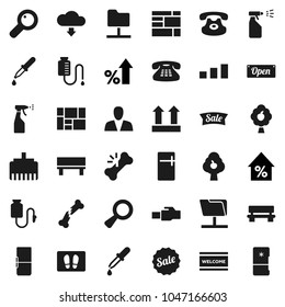Flat vector icon set - welcome mat vector, sprayer, percent growth, consolidated cargo, top sign, sorting, classic phone, magnifier, dropper, broken bone, drop counter, network folder, lan connector