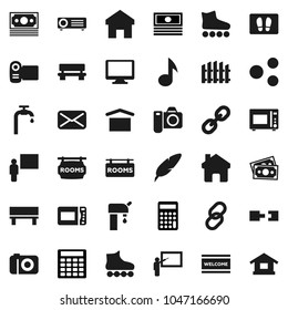 Flat vector icon set - welcome mat vector, microwave oven, pen, blackboard, music, cash, calculator, roller Skates, money, dry cargo, monitor, link, mail, share, home, bench, connection, fence