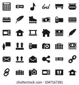 Flat vector icon set - welcome mat vector, microwave oven, pen, blackboard, glasses, music, cash, calculator, roller Skates, money, top sign, film frame, link, mail, share, home, bench, fence, video