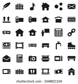 Flat vector icon set - welcome mat vector, pen, blackboard, calculator, music, cash, roller Skates, money, dry cargo, top sign, film frame, link, mail, share, home, bench, water supply, fence, video