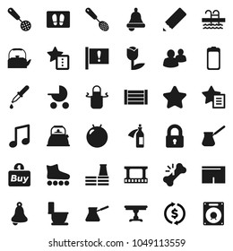 Flat vector icon set - welcome mat vector, toilet, kettle, apron, skimmer, turk coffee, pencil, bell, music, exchange, fitball, shorts, roller Skates, pool, attention, wood box, tulip, film frame