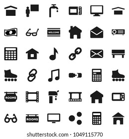 Flat vector icon set - welcome mat vector, blackboard, glasses, calculator, music, cash, roller Skates, dry cargo, film frame, monitor, link, mail, share, home, bench, connection, water supply