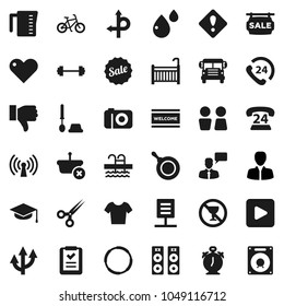Flat vector icon set - welcome mat vector, toilet brush, water closet, pan, measuring cup, graduate hat, alarm clock, school bus, manager, barbell, bike, t shirt, pool, no alcohol sign, hoop, route