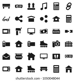 Flat vector icon set - welcome mat vector, microwave oven, glasses, calculator, music, cash, roller Skates, dry cargo, top sign, monitor, link, mail, share, home, bench, connection, water supply