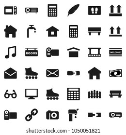 Flat vector icon set - welcome mat vector, pen, glasses, calculator, music, cash, roller Skates, dry cargo, top sign, film frame, monitor, link, mail, home, bench, connection, water supply, fence